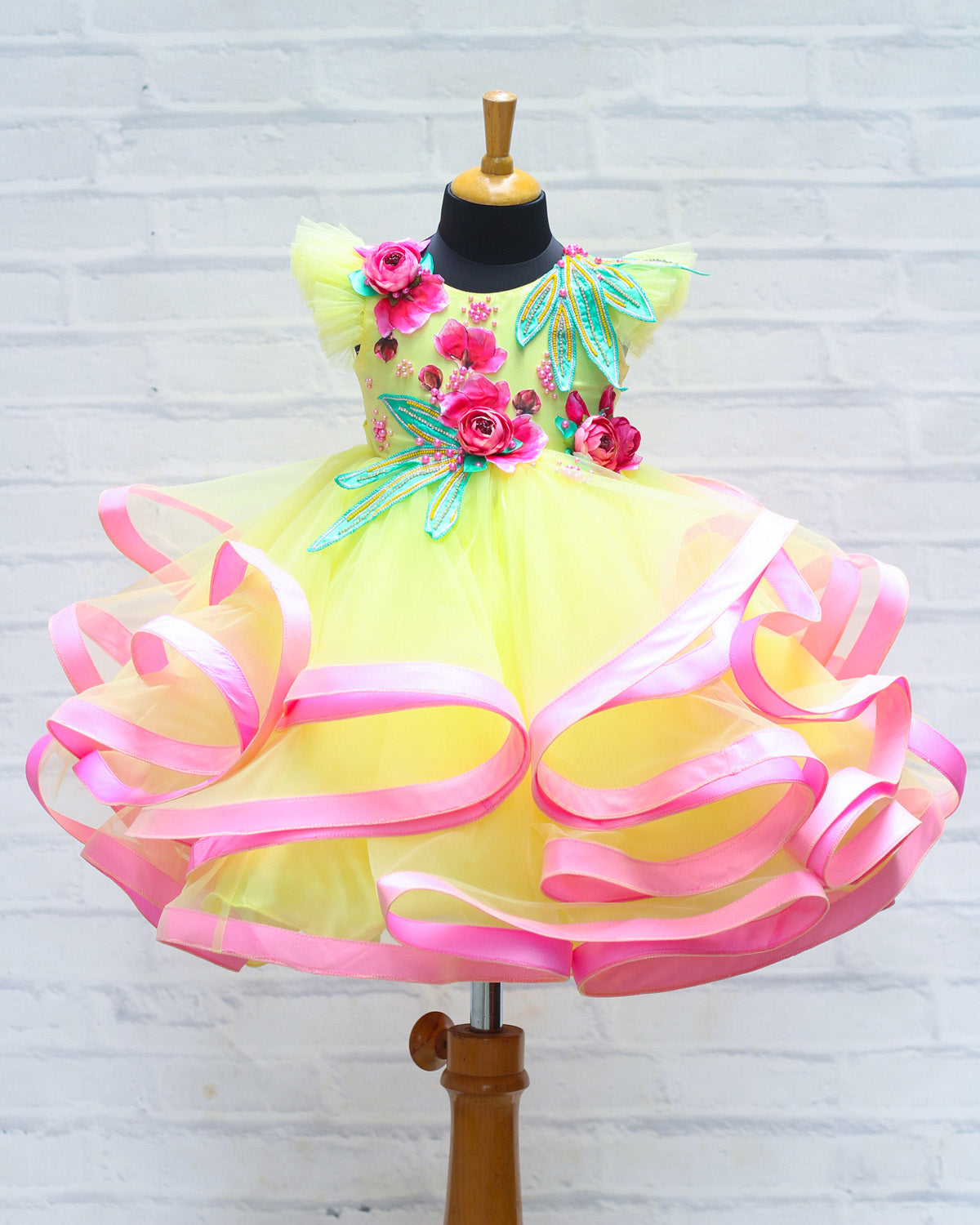 Pale Yellow Weightless Floral Print Double Frills Gown