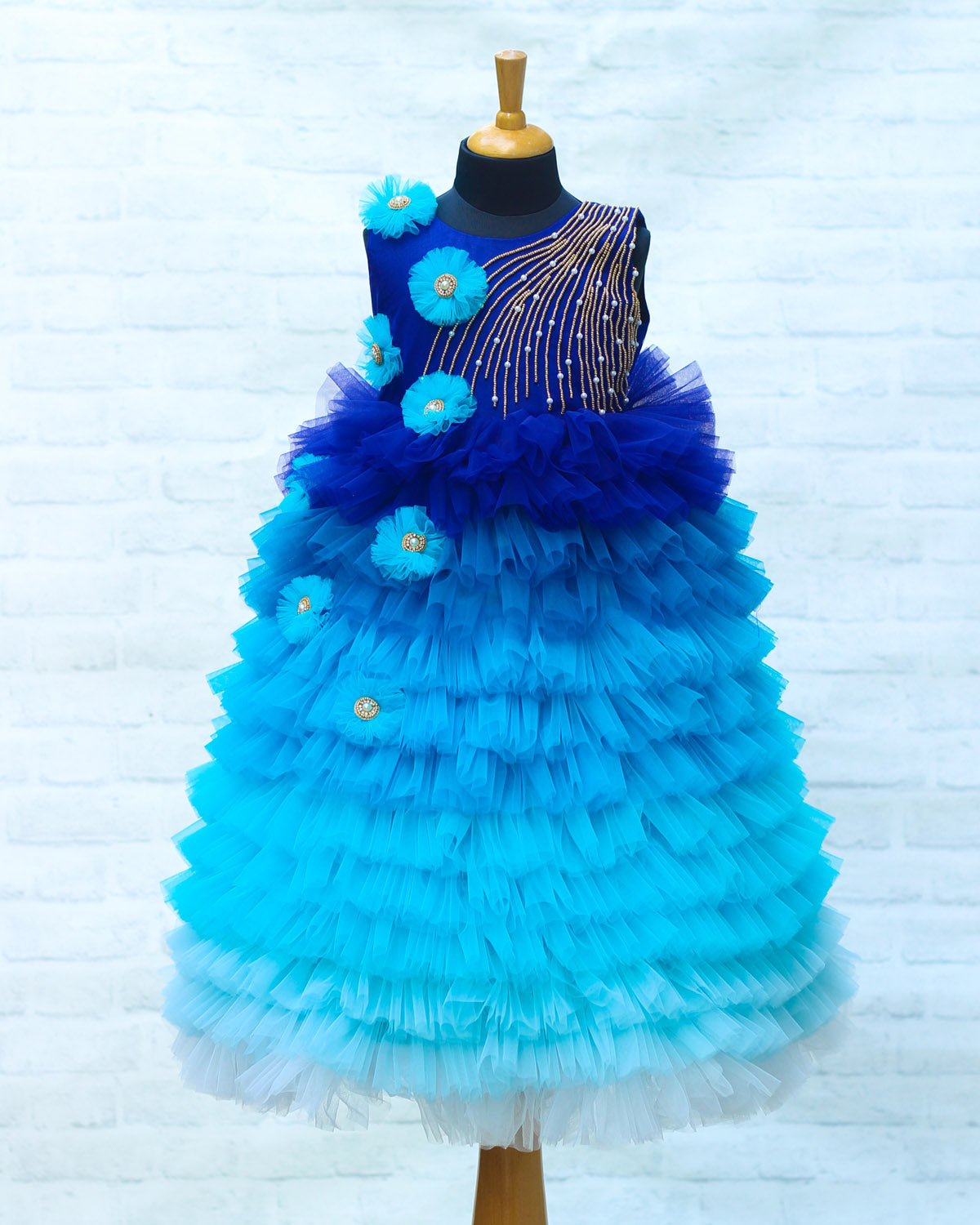 Royal Blue and Sky-Blue Shade Frilled Layer Gown - Main Image