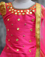 Mirror Work Pink And Yellow Zig-Zag Border Lehenga