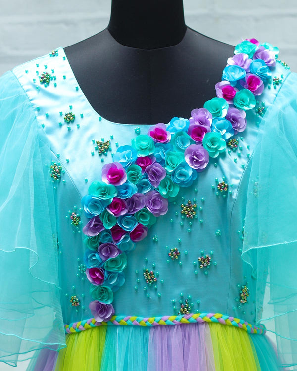 Sky Blue And Green Flower Gown With Multicolor Flowers And Butterflies