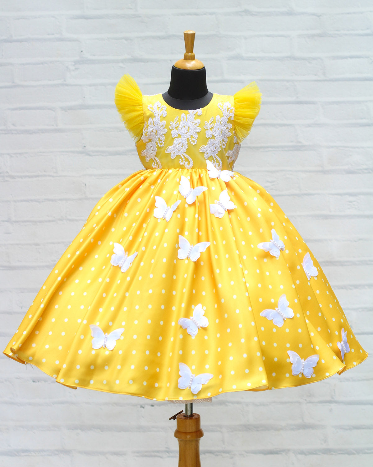 Polka Dot Yellow Satin Gown with White Embroidery Yoke and Butterflies