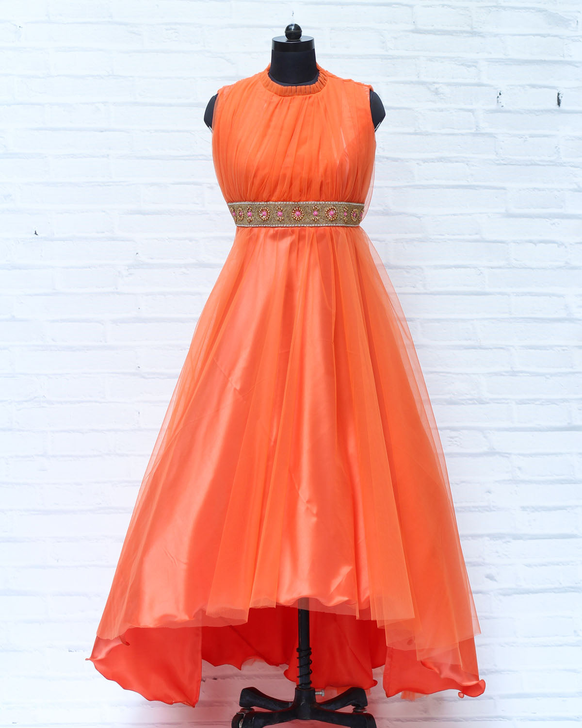 Buy Coral Orange Halter Neck High And Low Gown Online Gowns