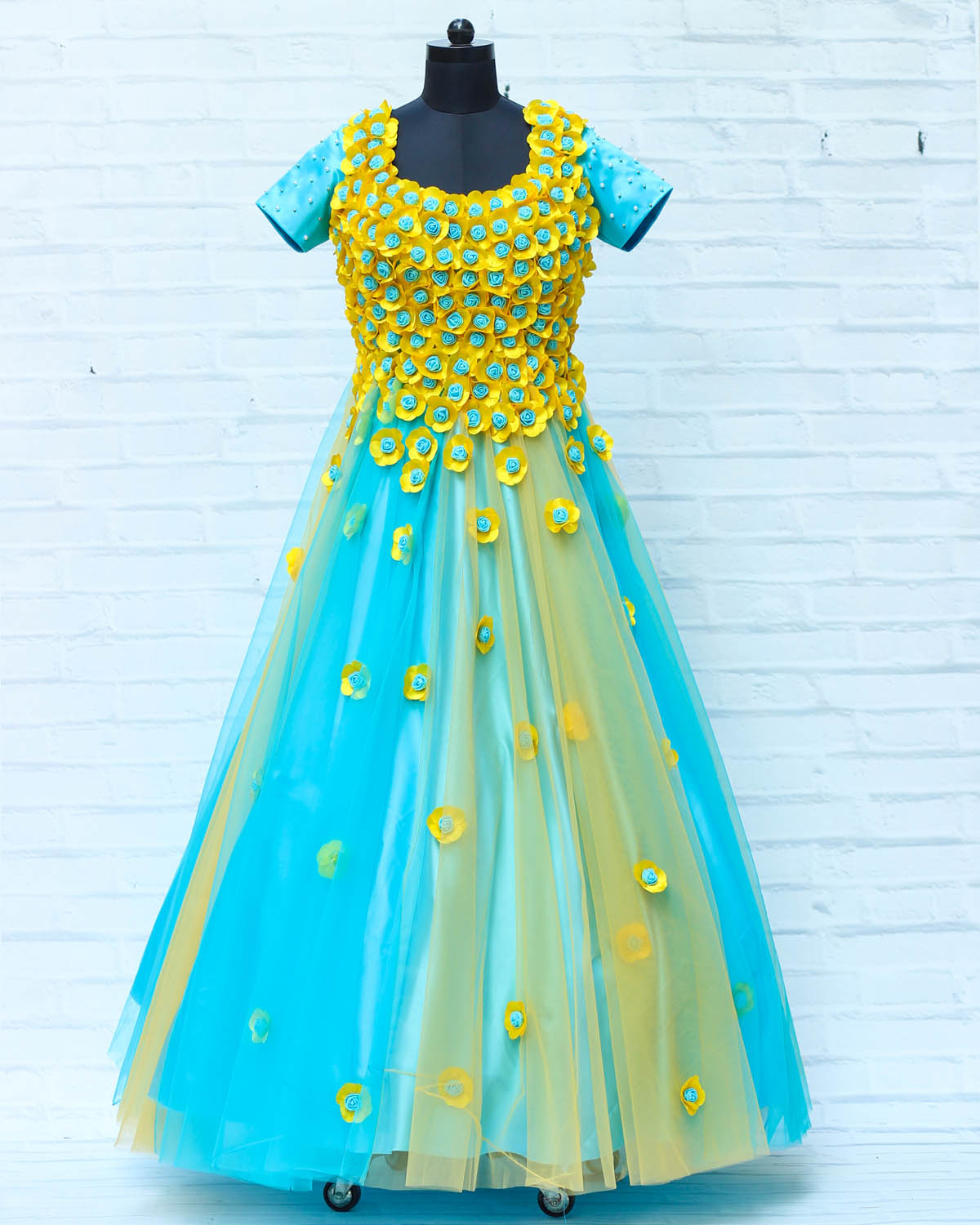 Buy Yellow And Sky-Blue Combo Flower Gown Online Gown – www