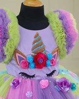 Unicorn Multi Shade Combo Frock with Highlighted Handwork on the Yoke Along with Flowers and beads embellishments