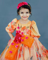 Pale Peach and Orange Floral Printed Organza short Gown with Handcrafted Flowers