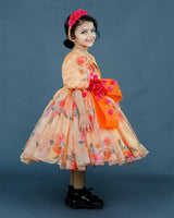 Pale Peach and Orange Floral Printed Organza short Gown with Handcrafted Flowers