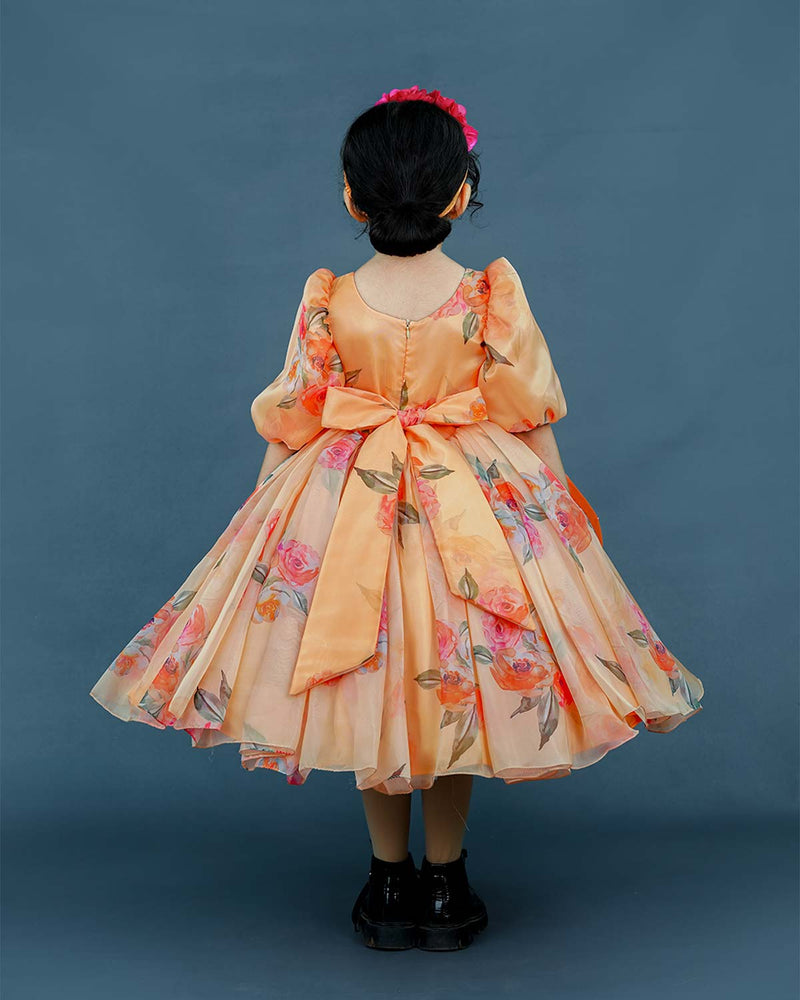 Pale Peach and Orange Floral Printed Organza short Gown with Handcrafted Flowers