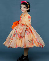 Pale Peach and Orange Floral Printed Organza short Gown with Handcrafted Flowers