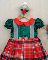 Red and bottle green check box pleated gown