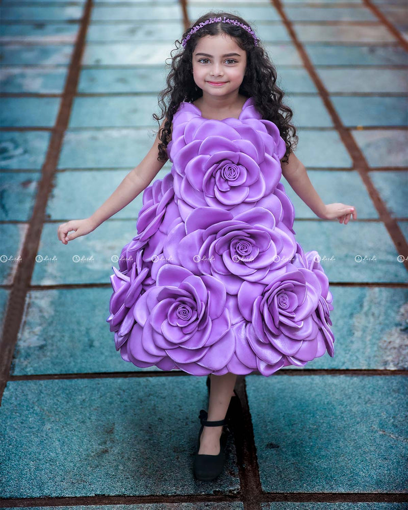 Lavender Short Dress Highlighted with Hand Embellished Flower Petals.