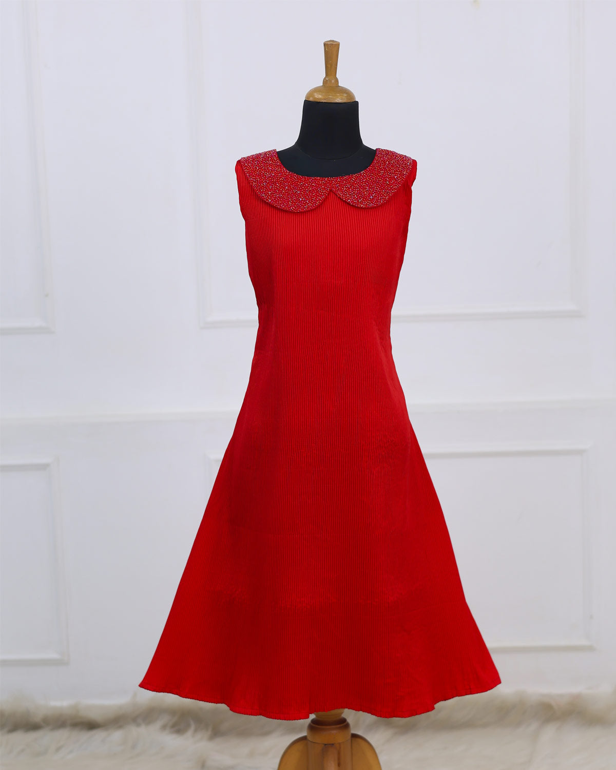 Stunning Red A-Line Dress With Hand worked Peter Pan Collar – www.liandli.in
