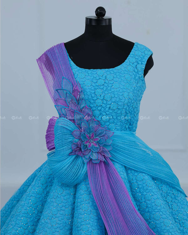 Blue and Lavender Double Shaded Panel Gown with Fabric Manipulated Twirled Detachable Belt