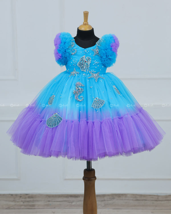 Aquamarine - Skyblue & Lavender Double Shaded Party Gown with Heavy Bead Patches of Underwater Theme