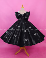 Black Sequence Panel Gown Highlighted with Handcrafted Silver Butterfly Patches.