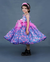 Cobalt Blue & Light Pink  Floral Printed Short Gown With Pink Floral Embellishment