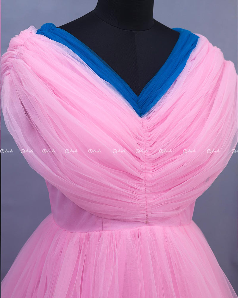 Pink and Blue Draped High-Low Gown