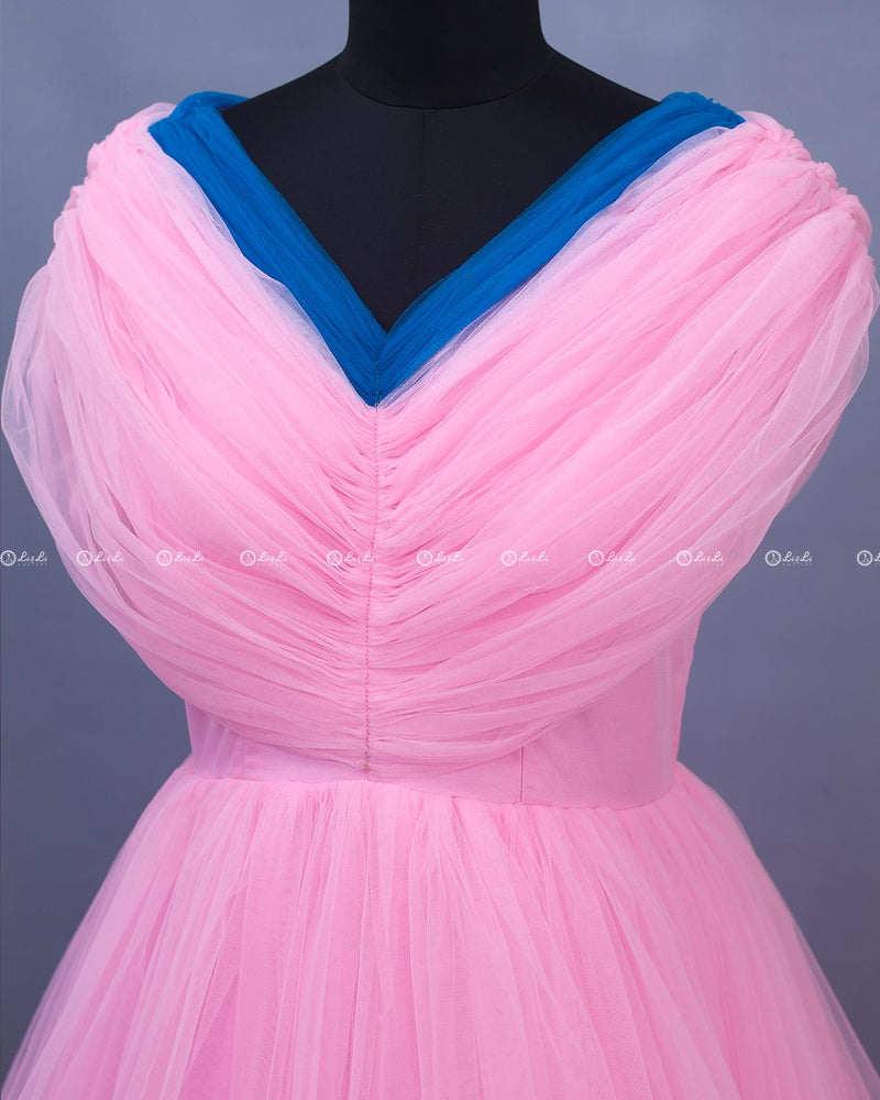 Pink and Blue Draped High-Low Gown