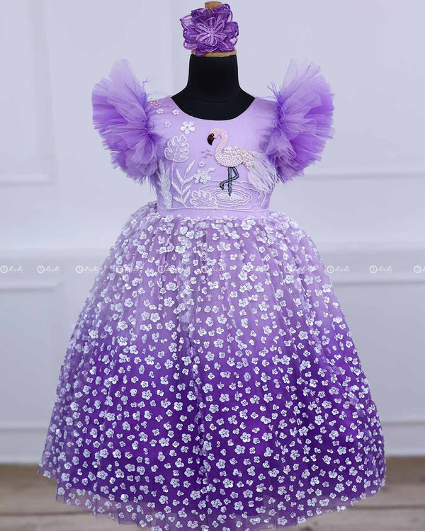 Lavender and Purple  Flamingo Theme Dress Highlighted With Handwork