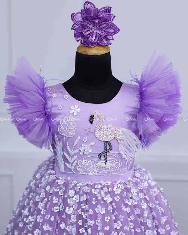 Lavender  Flamingo Theme Dress Highlighted With Handwork