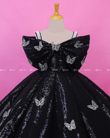 Black Sequence Panel Gown Highlighted with Handcrafted Silver Butterfly Patches.