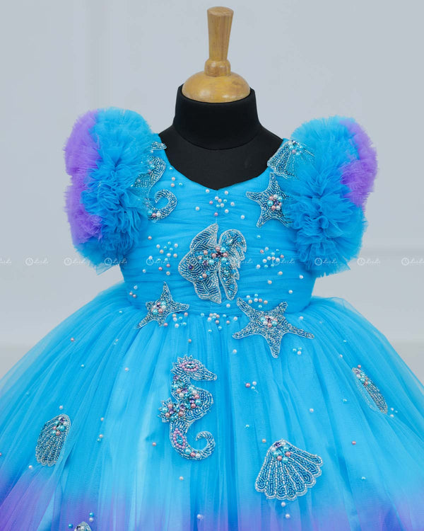 Aquamarine - Skyblue & Lavender Double Shaded Party Gown with Heavy Bead Patches of Underwater Theme