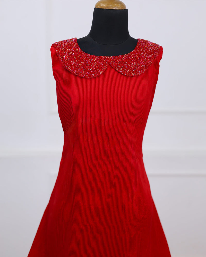 Stunning Red A-Line Dress With Hand worked Peter Pan Collar www.liandli.in Stunning Red A-Line Dress With Hand worked Peter Pan Collar www.liandli.in