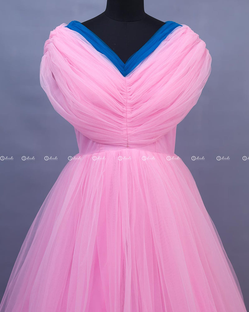 Pink and Blue Draped High-Low Gown