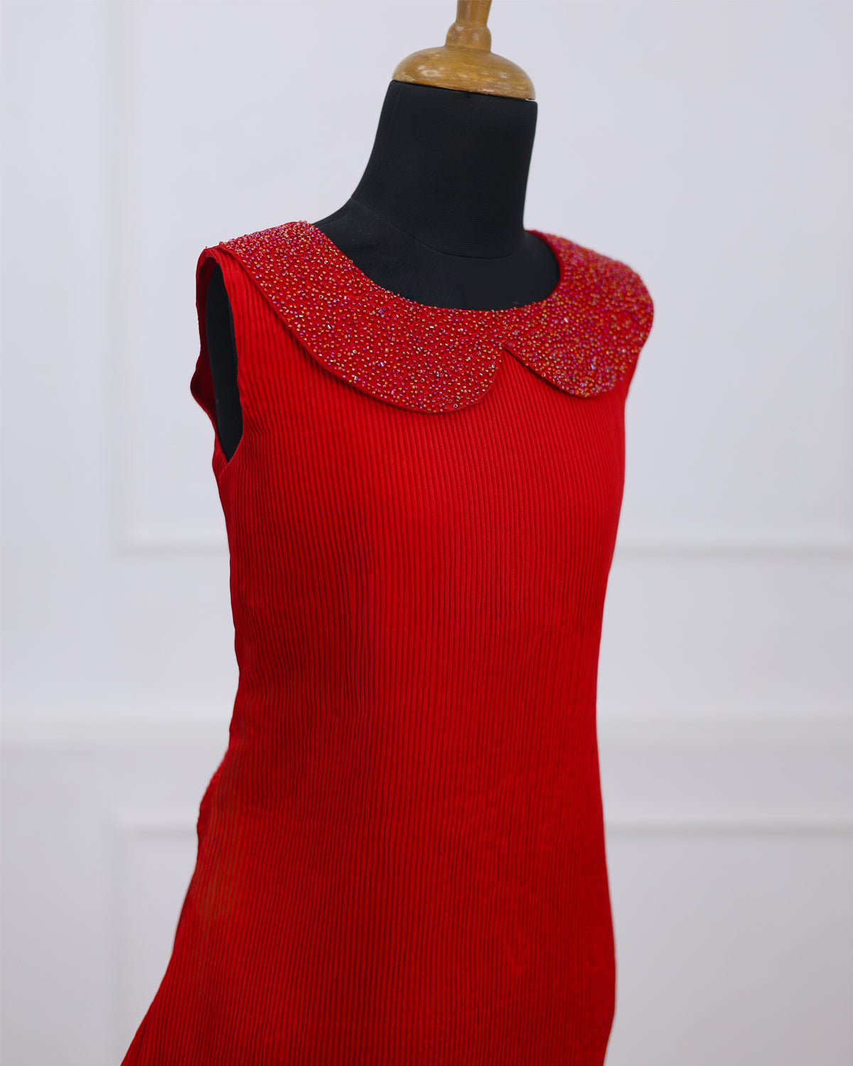 Stunning Red A-Line Dress With Hand worked Peter Pan Collar –