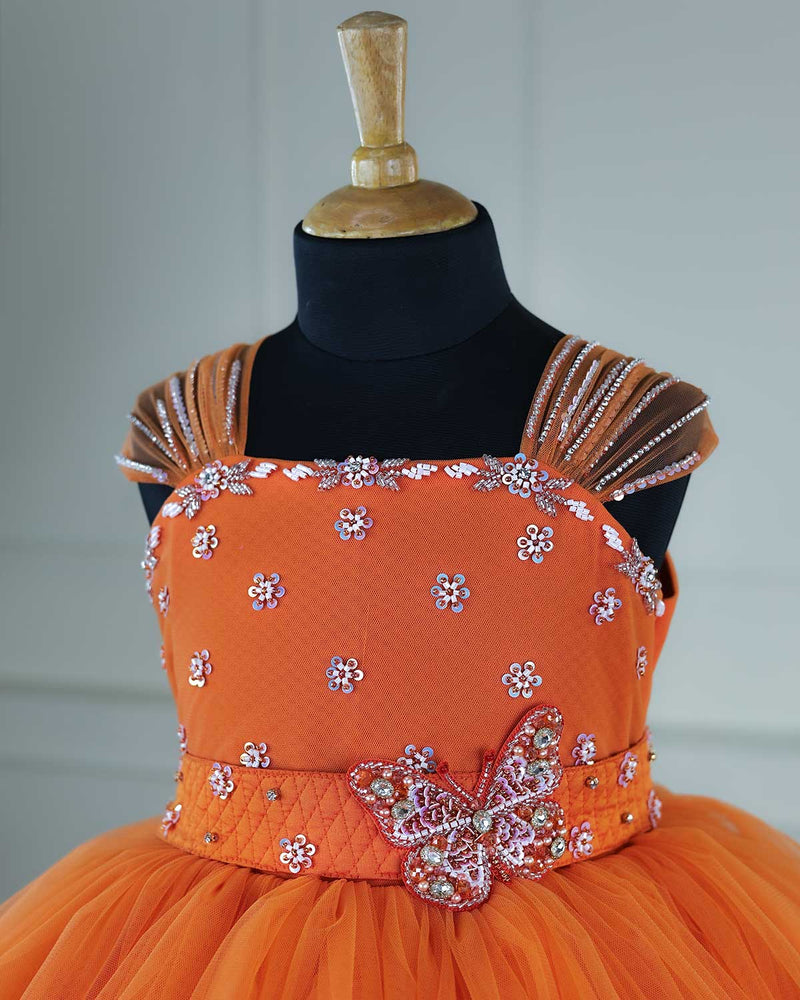 Monarch Butterfly theme Gown in Tangerine Orange color with detachable wings and belt