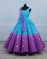 Blue and Lavender Double Shaded Panel Gown with Fabric Manipulated Twirled Detachable Belt