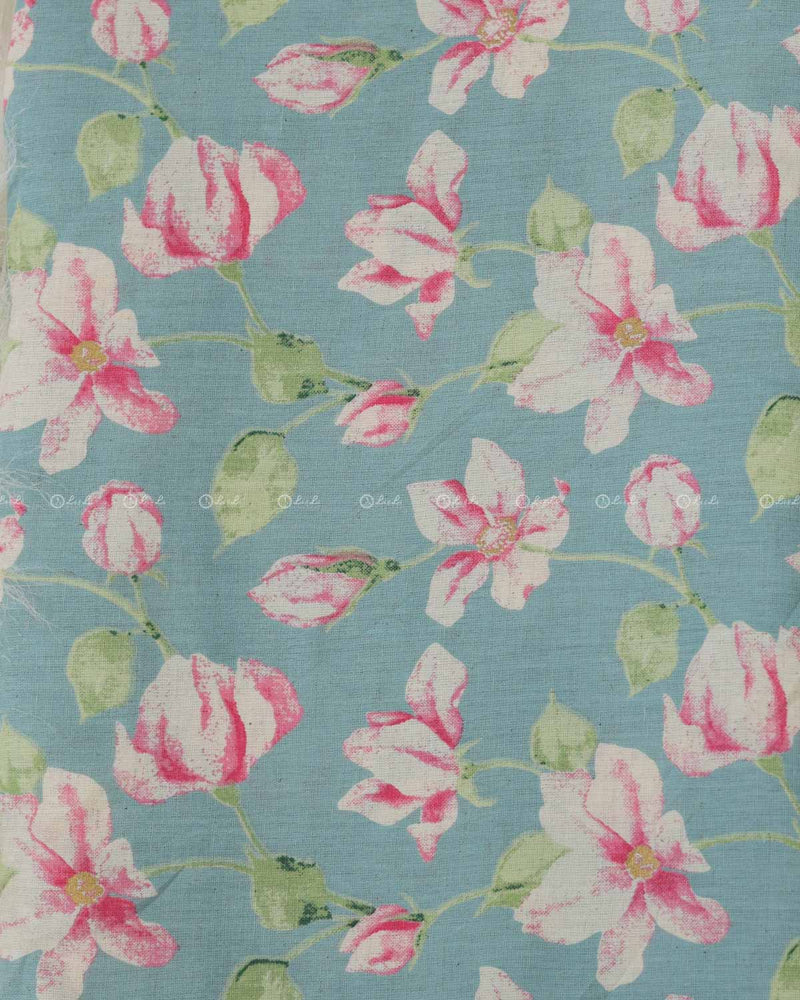 Powder Blue Colour Cora Cotton Print Fabric