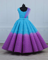 Blue and Lavender Double Shaded Panel Gown with Fabric Manipulated Twirled Detachable Belt