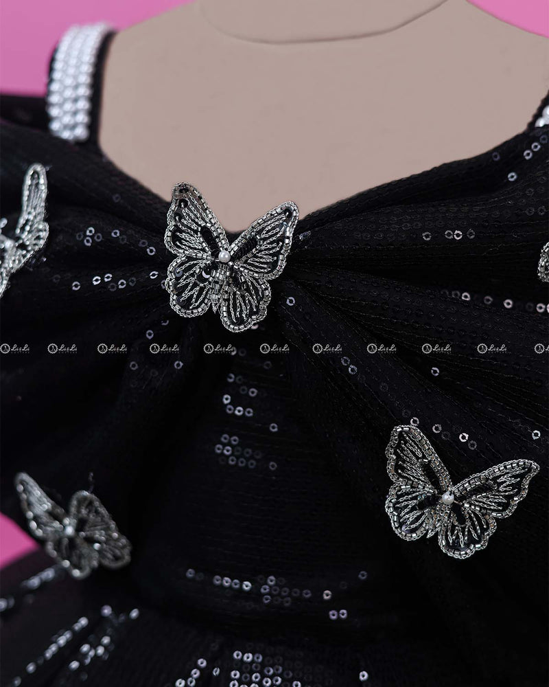Dark Powder Blue Sequin Gown Online | Kids Frilled Party Wear Online www.liandli.in Dark Powder Blue Sequin Gown Online | Kids Frilled Party Wear Online www.liandli.in