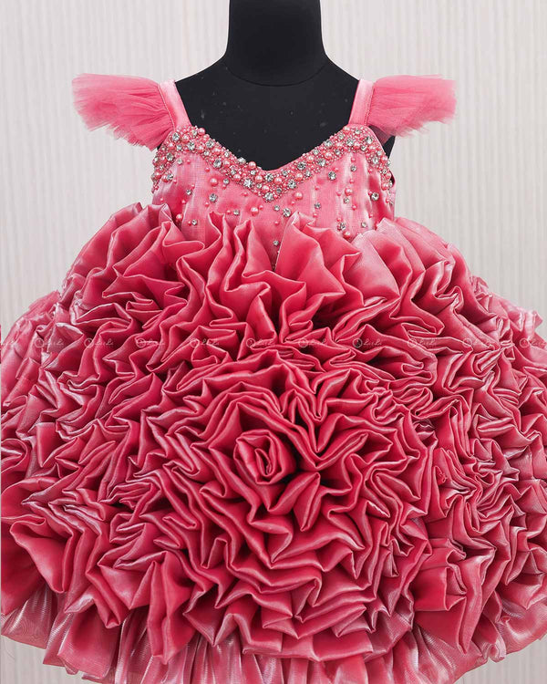 Salmon Pink Shade Rosette Dress Embellished with Pearls and Stones