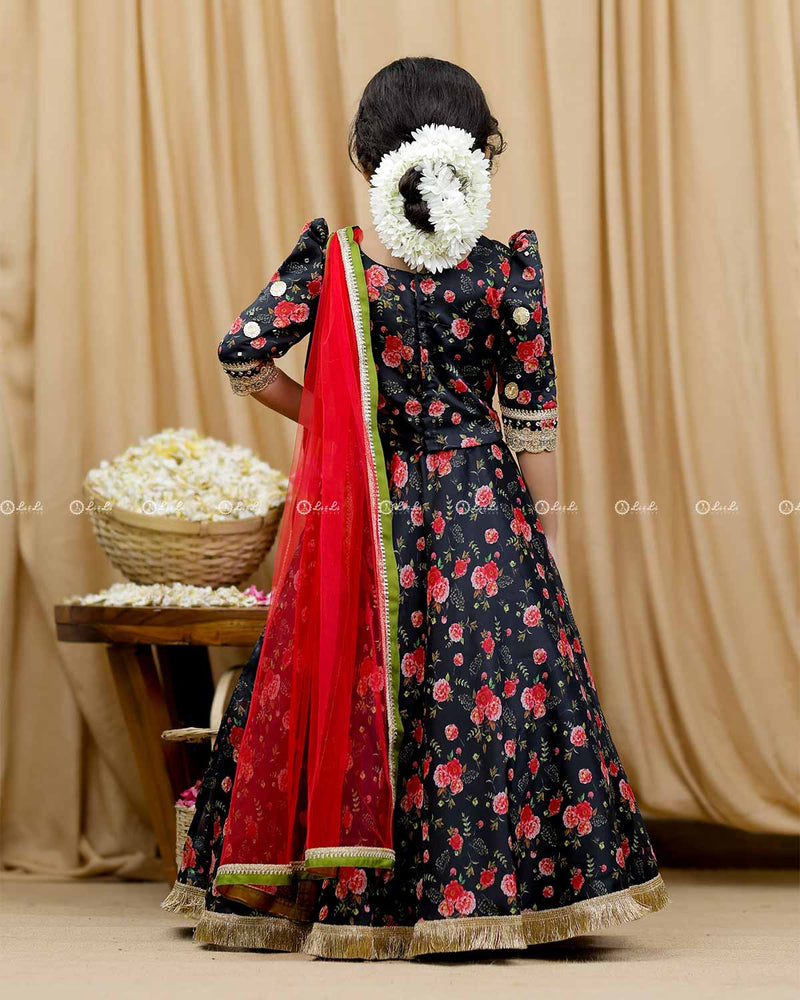 Black Floral Printed Ethnic Skirt and Top with Dupatta.