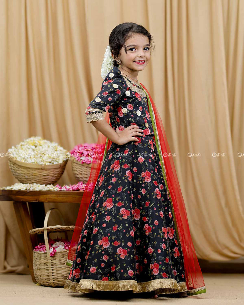 Black Floral Printed Ethnic Skirt and Top with Dupatta.