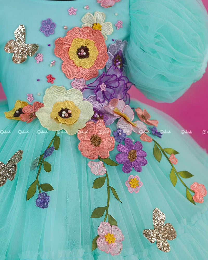 Light Teal Fairy Tale Dress with Wild Flowers.