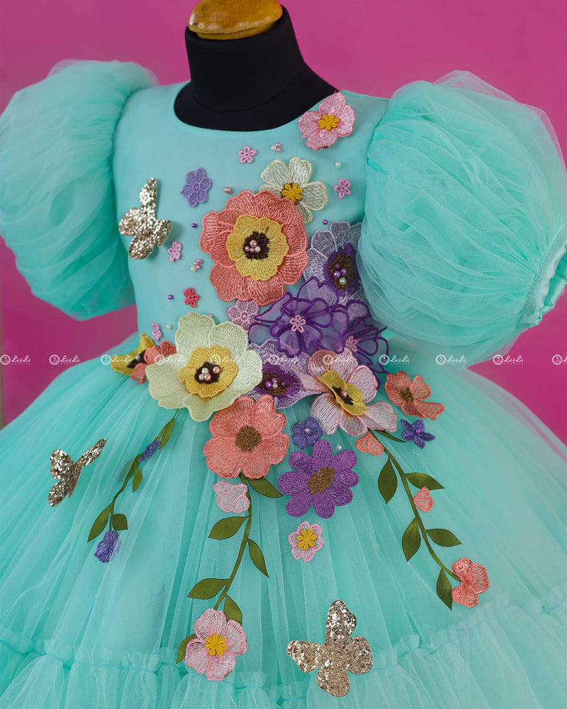 Light Teal Fairy Tale Dress with Wild Flowers.