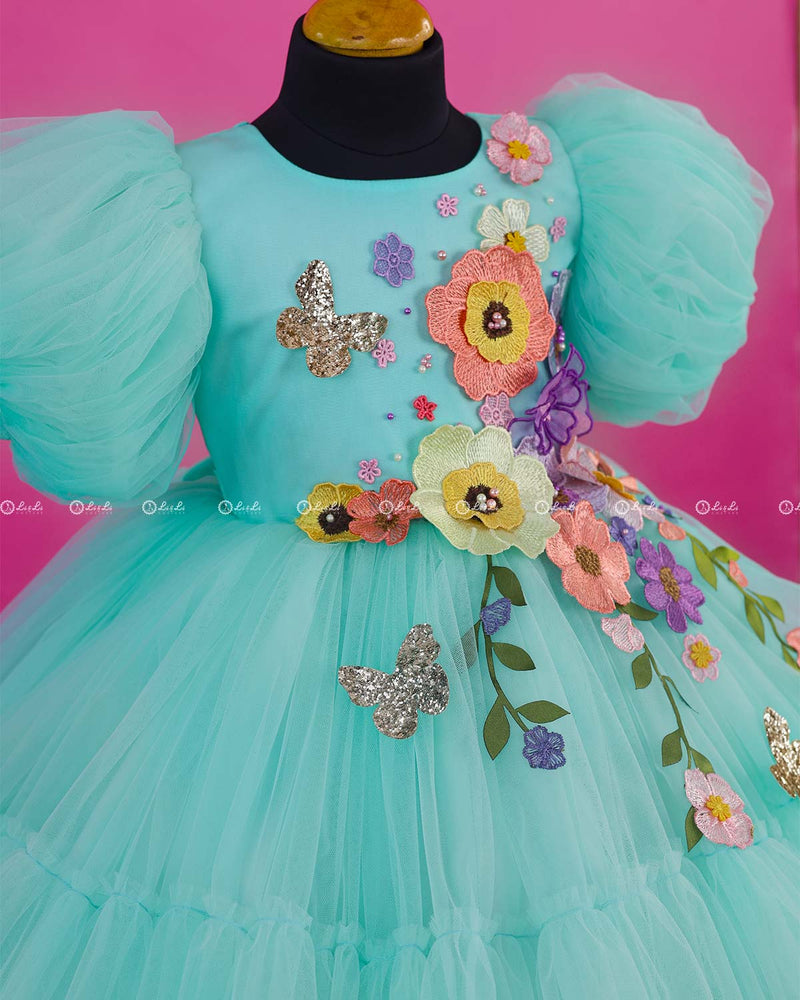 Light Teal Fairy Tale Dress with Wild Flowers.