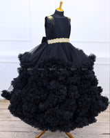 Classic Black Cloudy Frilled Gown with Handcrafted Beaded Waistline