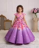 Rose Pink and Lavender Panel Gown with Heavy Embellished Flowers