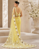 Net Ready-to-Wear Floral Saree & Sleeveless Blouse - Macaron Yellow & White (New)