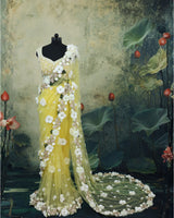 Net Ready-to-Wear Floral Saree & Sleeveless Blouse - Macaron Yellow & White (New)