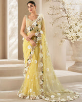 Net Ready-to-Wear Floral Saree & Sleeveless Blouse - Macaron Yellow & White (New)