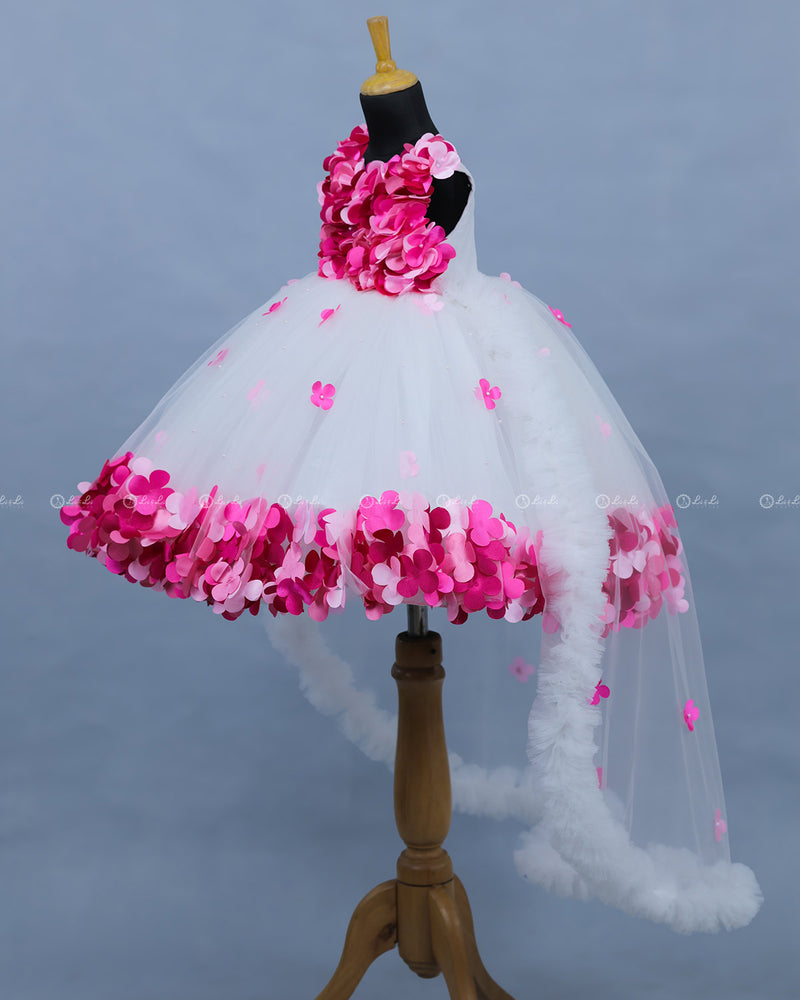 White & Pink Flower Gown with Detachable Trail