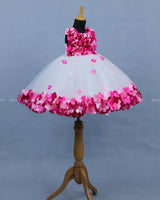 White & Pink Flower Gown with Detachable Trail