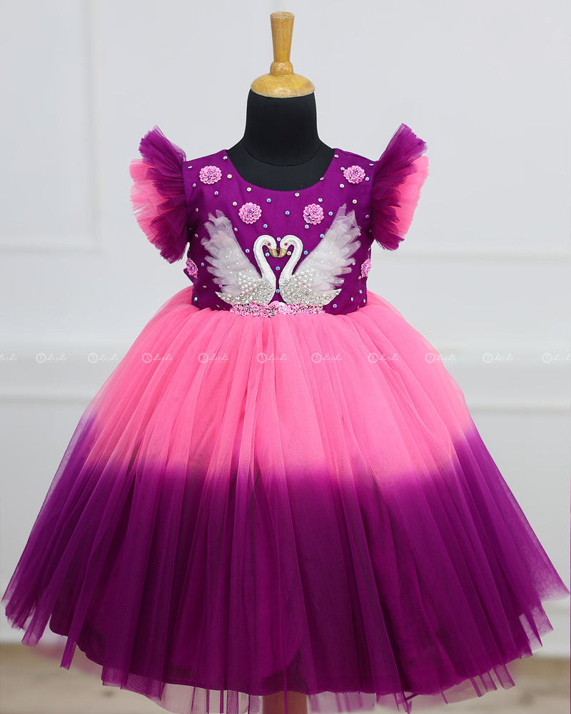 Swan Theme Pink And Purple Color Gradient Swirled Gown.