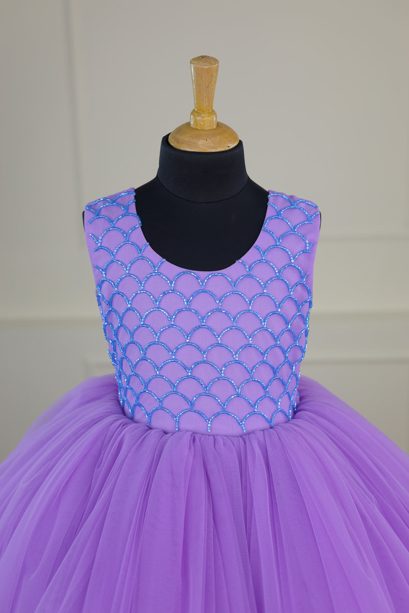 Mermaid theme dress in blue and lavender color made with 2 in 1 pattern