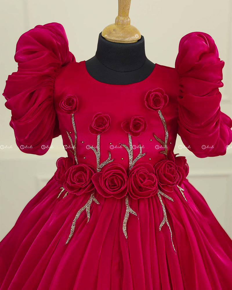 Wine Red Balloon Gown with Handcrafted Rose Embellishment.