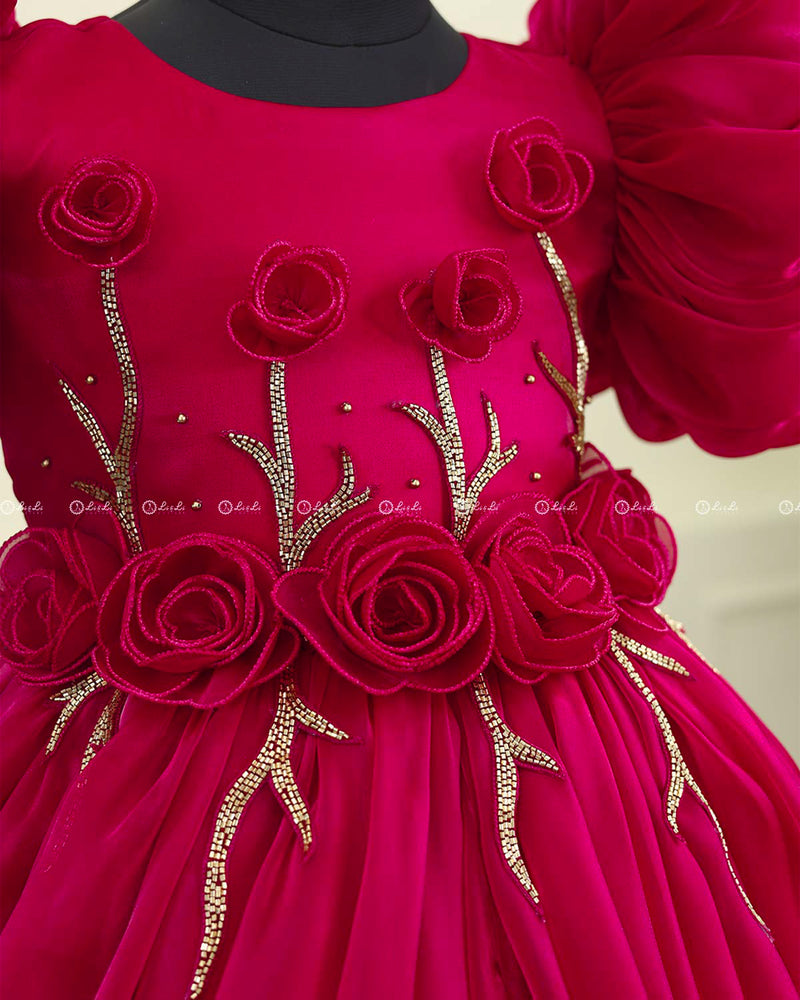 Wine Red Balloon Gown with Handcrafted Rose Embellishment.